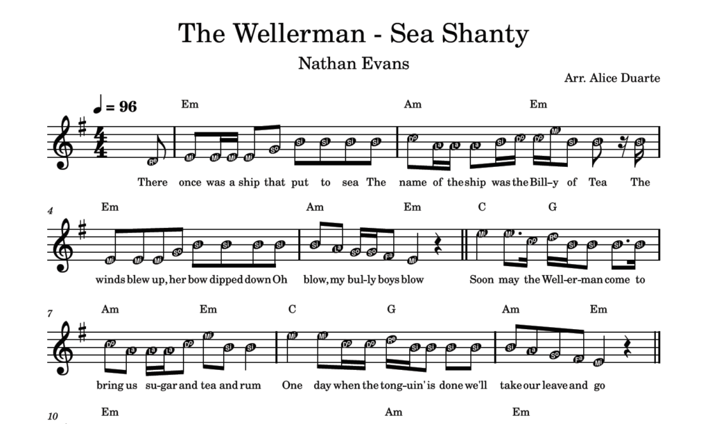 Wellerman Paper Notes The Wellerman – Partitura Facilitada - (Nathan Evans)